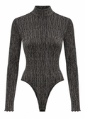Model wearing the black high-neck metallic-stripe bodysuit, shown from the front and back