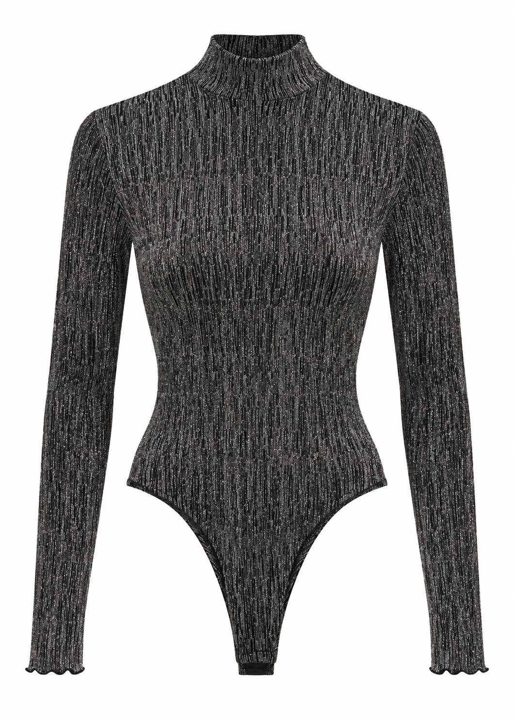 Model wearing the black high-neck metallic-stripe bodysuit, shown from the front and back