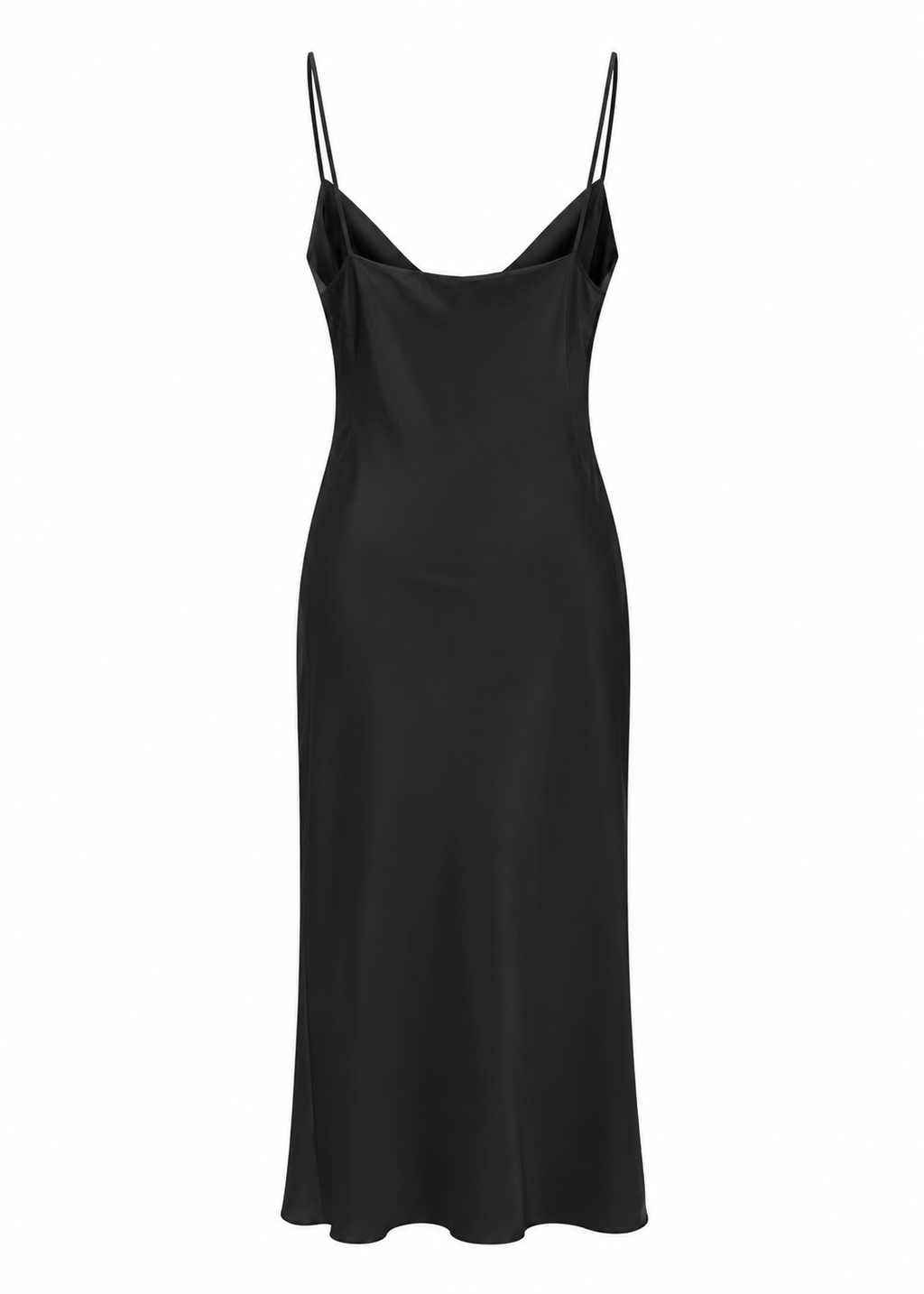 Model wearing a black satin-look cowl-neck maxi dress with delicate straps