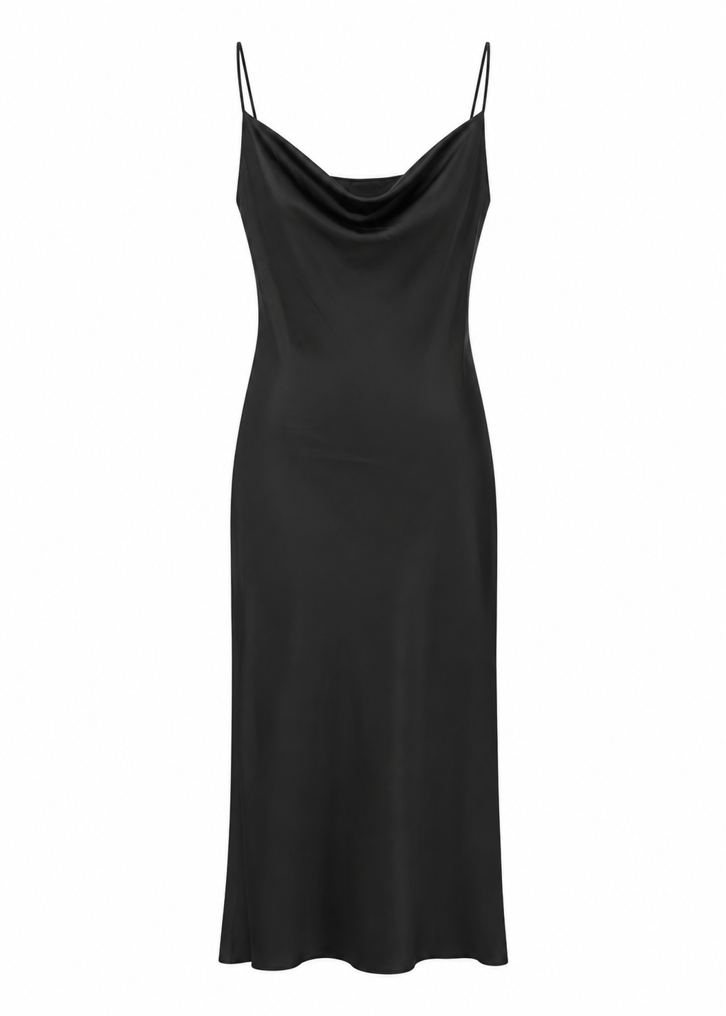 Front view of a black satin-look maxi slip dress with a draped cowl neckline and thin straps