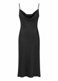 Front view of a black satin-look maxi slip dress with a draped cowl neckline and thin straps