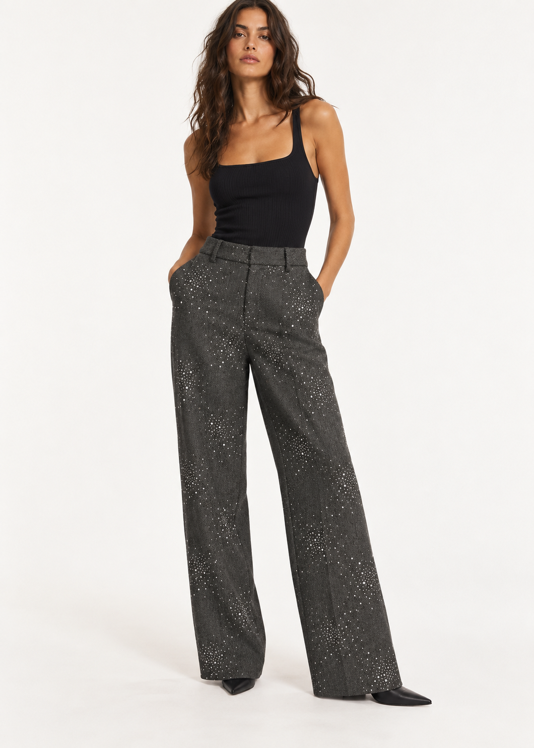 Back view of charcoal wide-leg jeans with scattered rhinestone embellishment