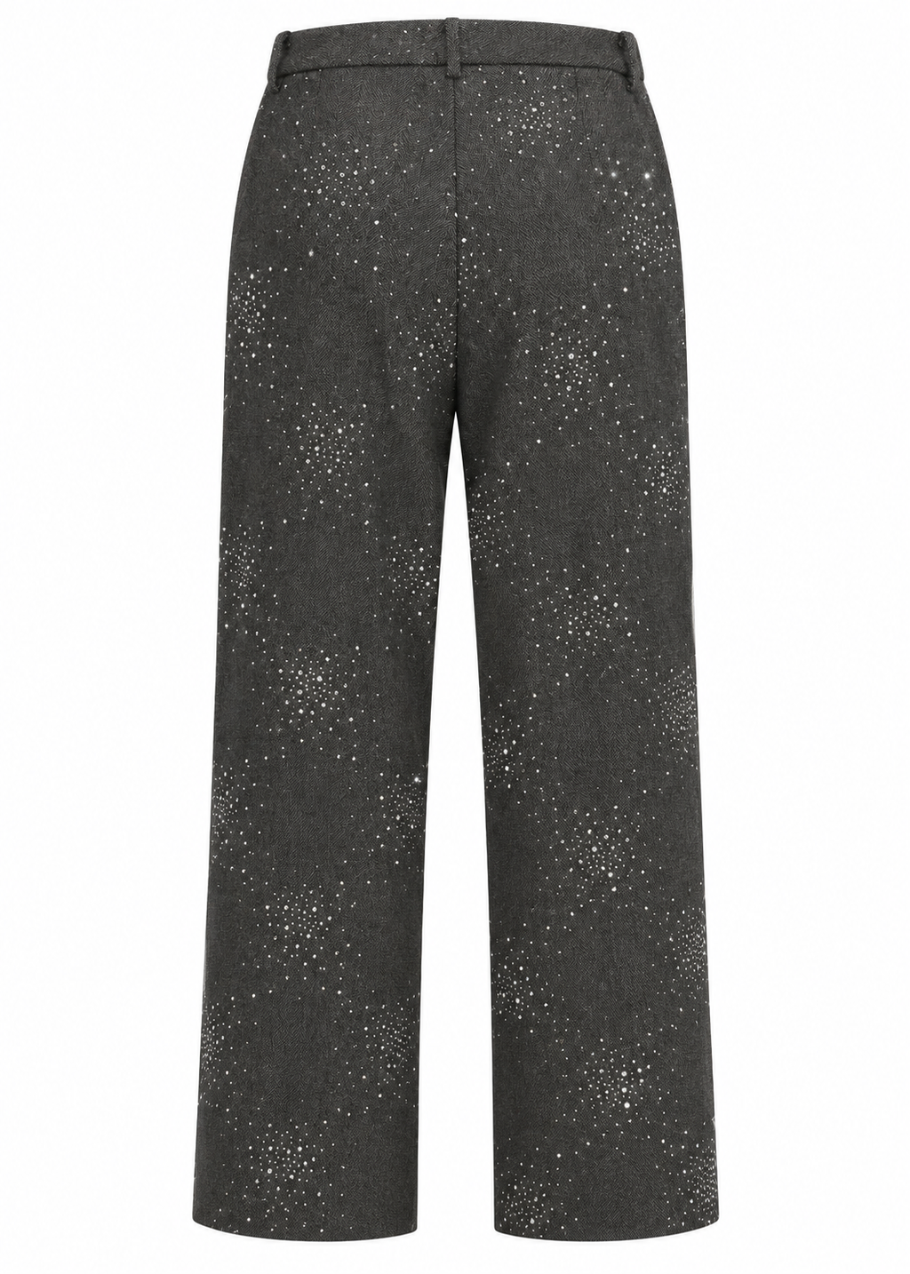 Front view of charcoal wide-leg jeans with scattered rhinestone embellishment