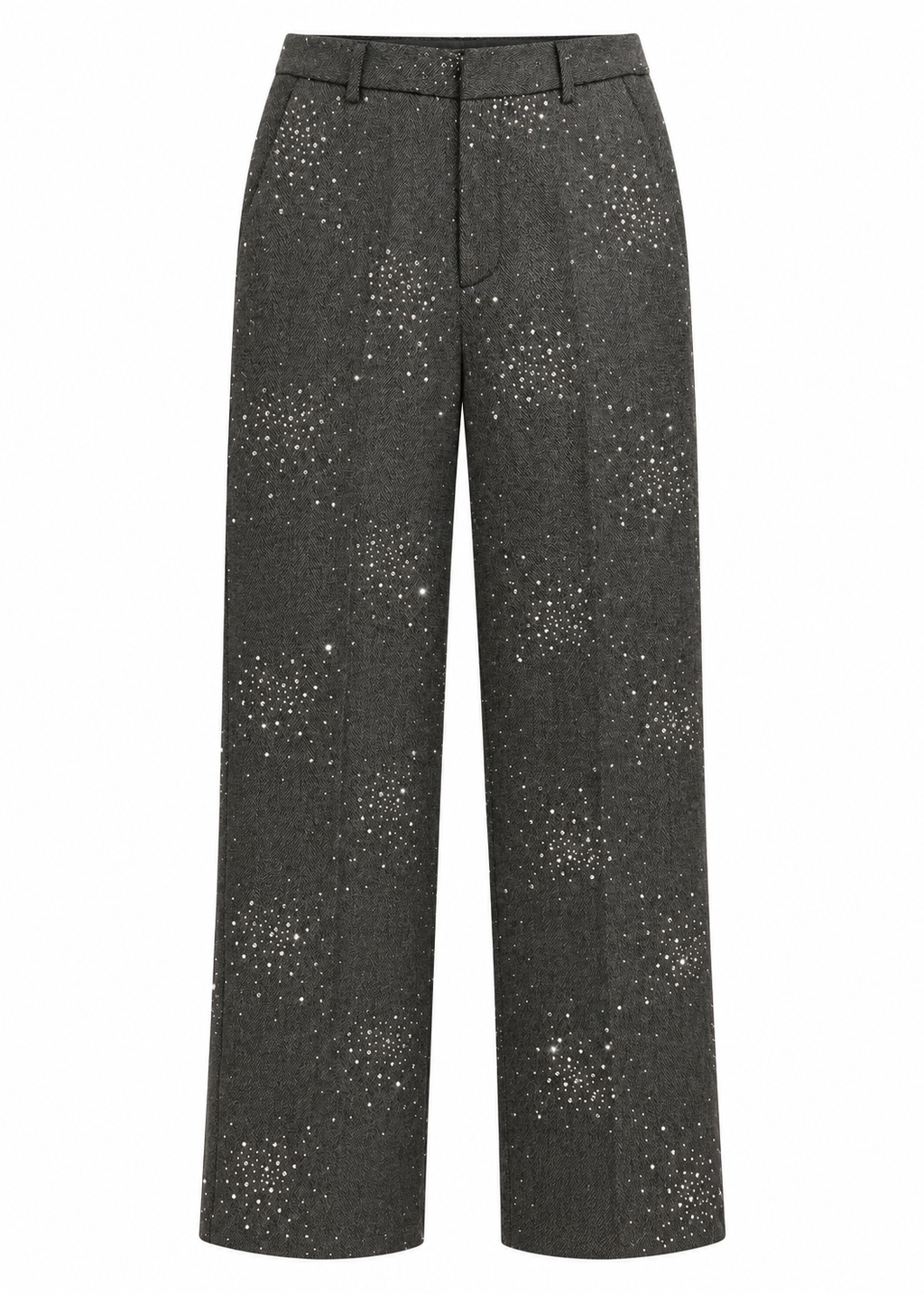 Model wearing charcoal wide-leg jeans with scattered rhinestone embellishment