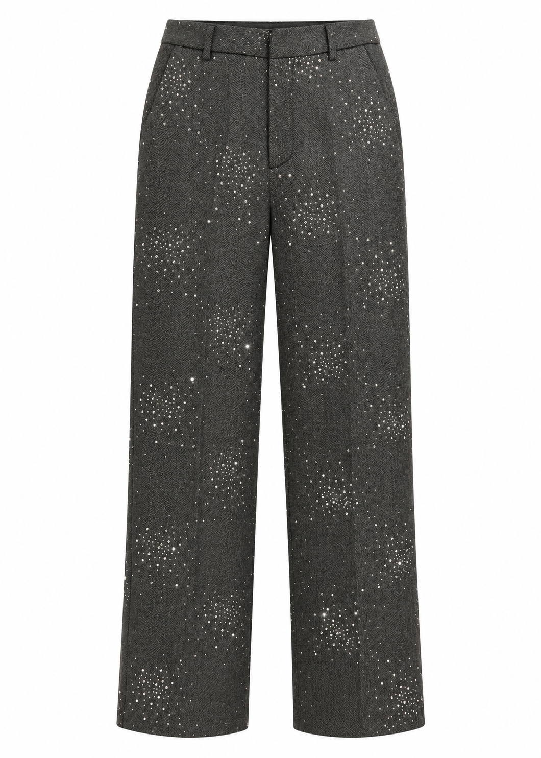 Model wearing charcoal wide-leg jeans with scattered rhinestone embellishment