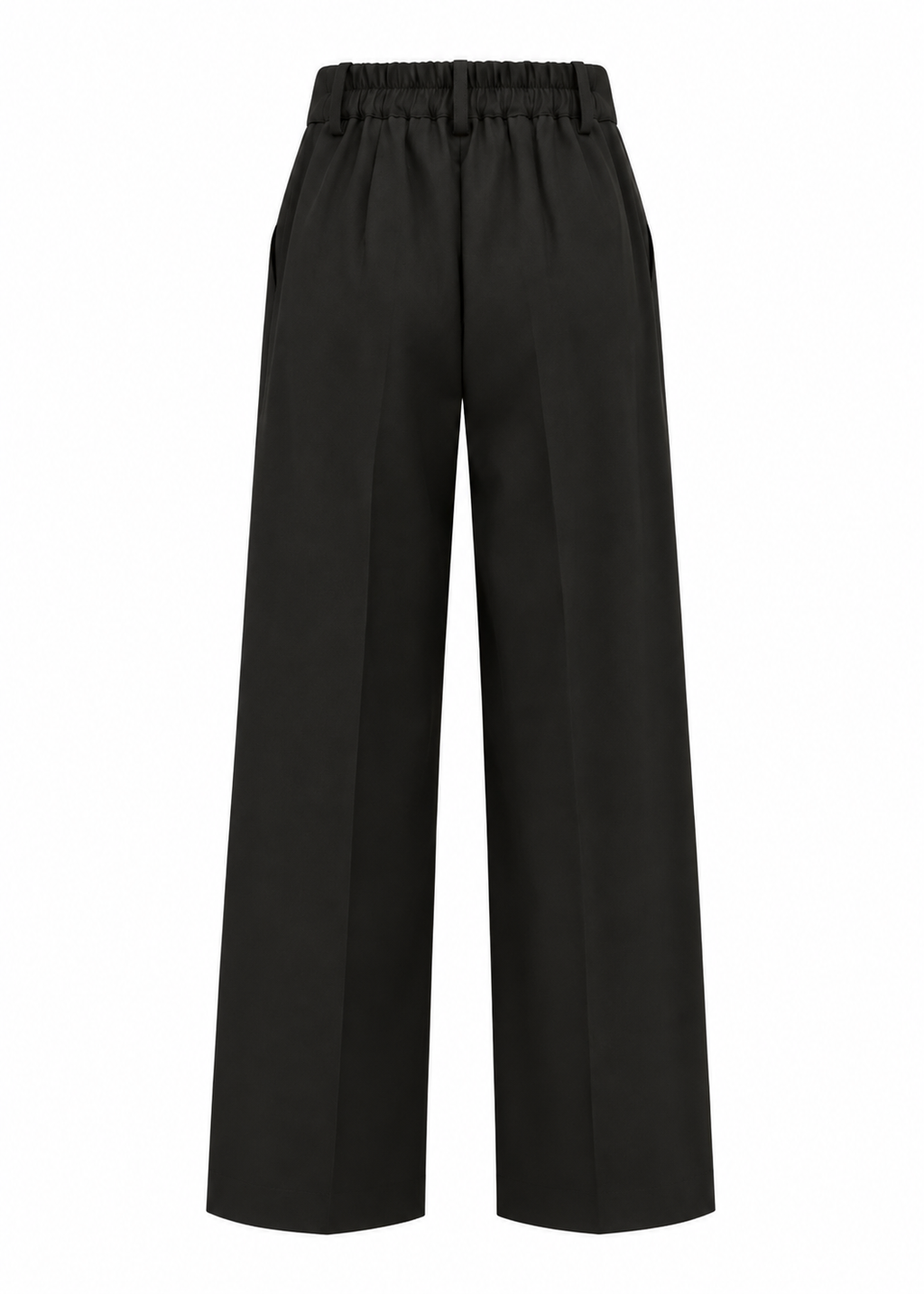 Front view of black high-waisted wide-leg trousers with button closure and belt loops