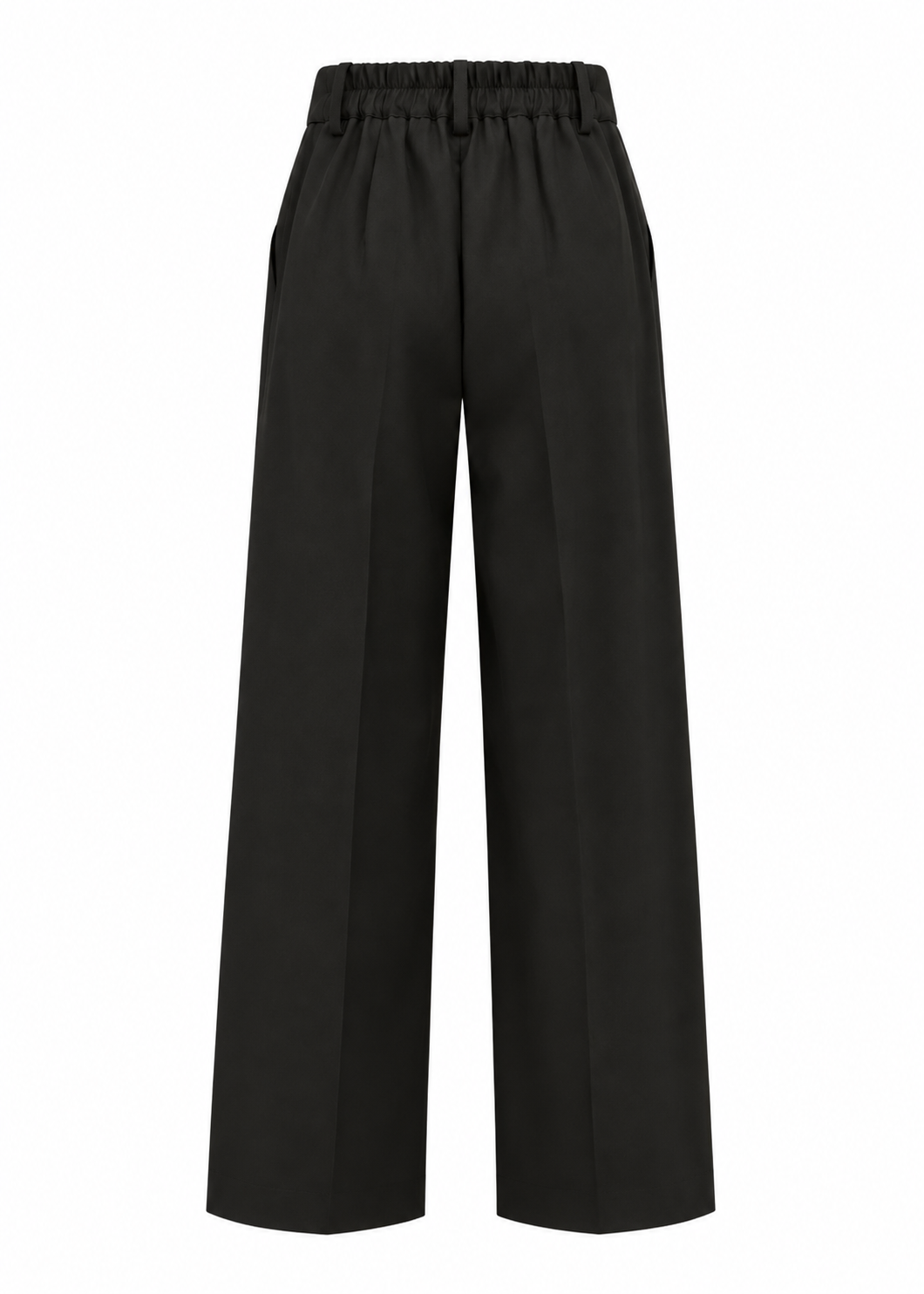 Front view of black high-waisted wide-leg trousers with button closure and belt loops