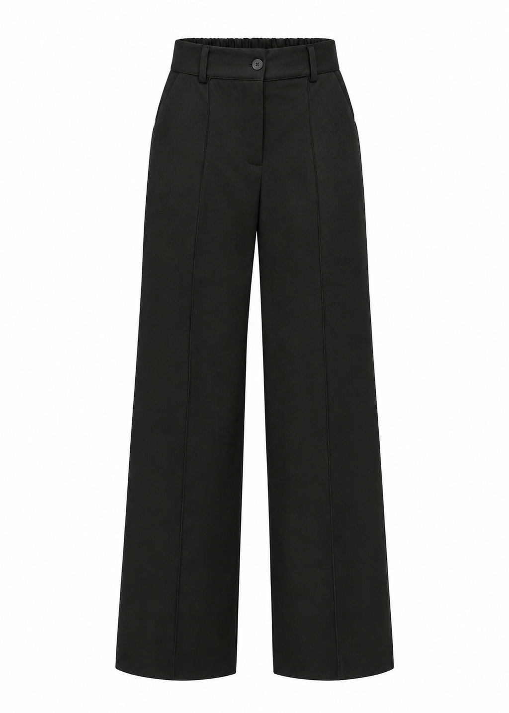 Back view of black high-waisted wide-leg trousers with elasticated waistband
