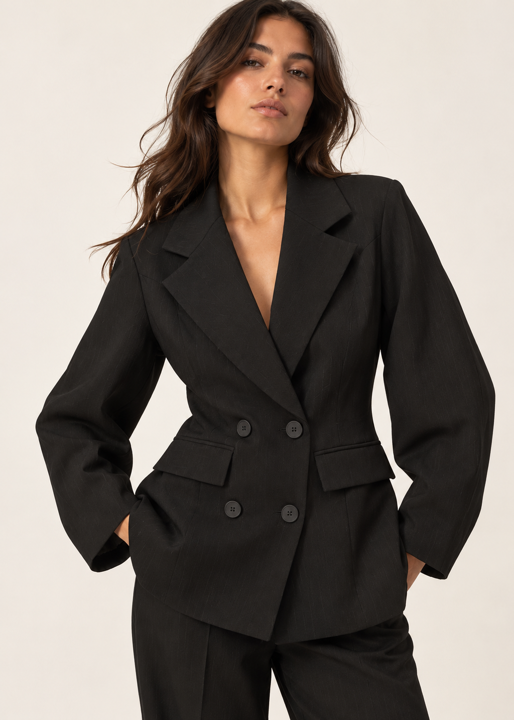 Front view of a black double-breasted blazer with four buttons and flap pockets