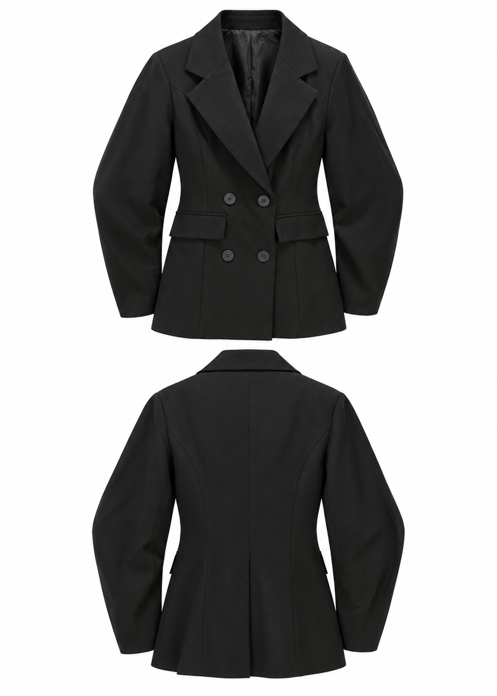 Model wearing a black double-breasted blazer with notched lapels