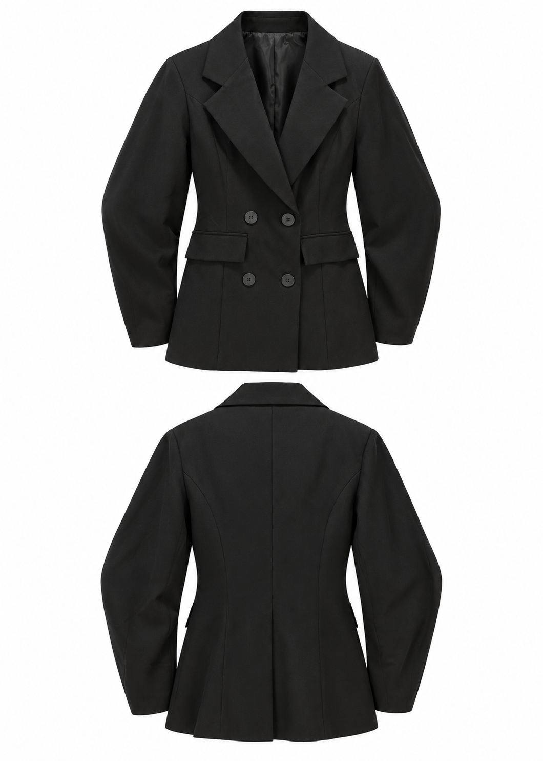 Model wearing a black double-breasted blazer with notched lapels