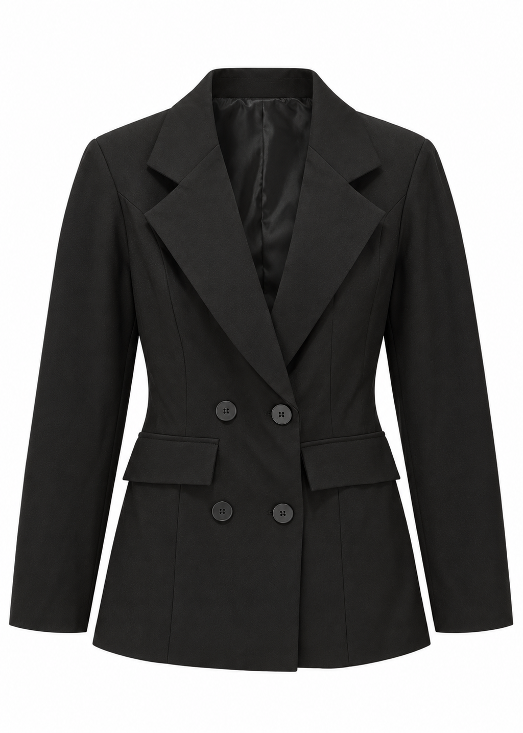 Front and back views of a black double-breasted blazer with a shaped waist