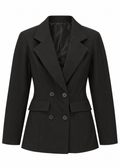 Front and back views of a black double-breasted blazer with a shaped waist