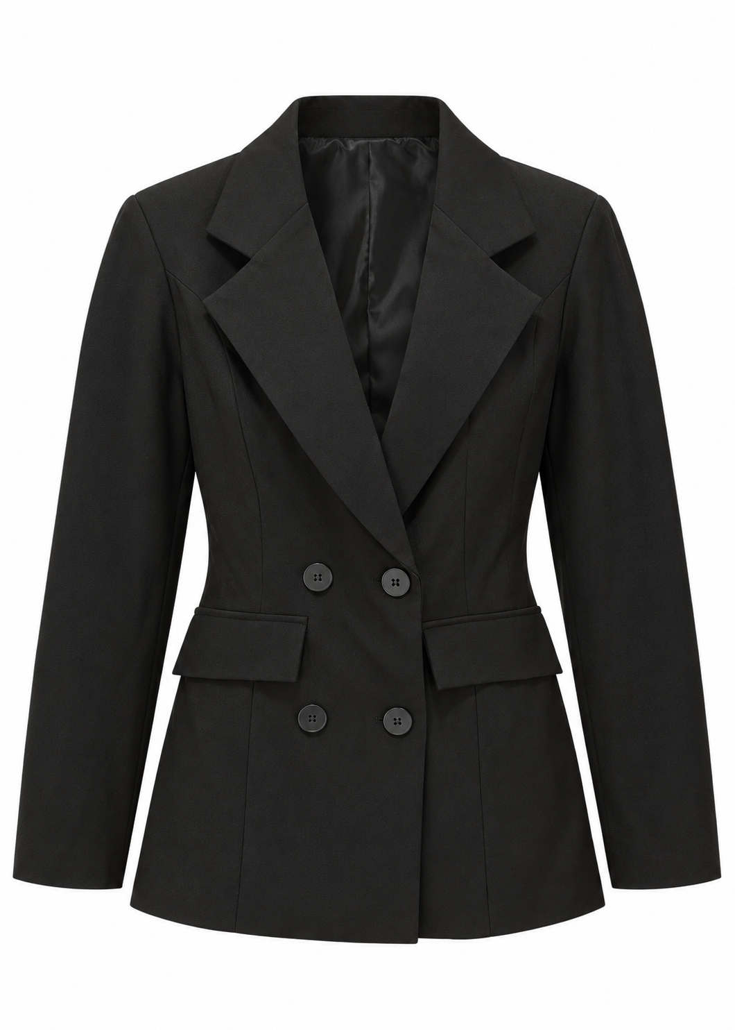 Front and back views of a black double-breasted blazer with a shaped waist