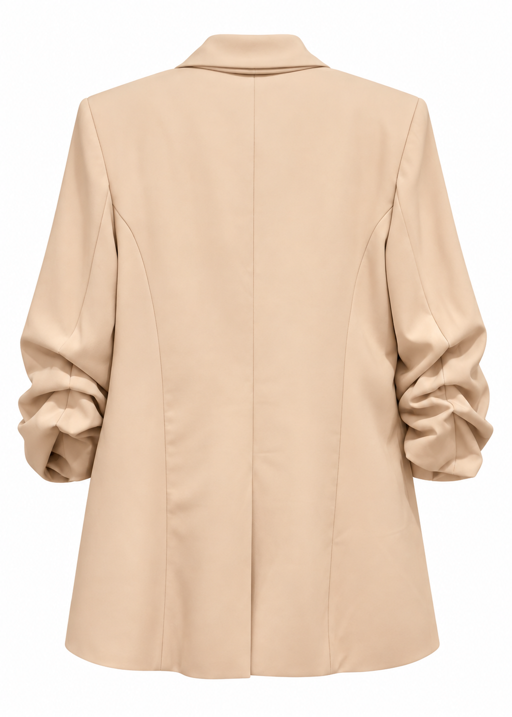 Model wearing an open-front beige blazer with wide lapels, gathered sleeves and front flap pockets