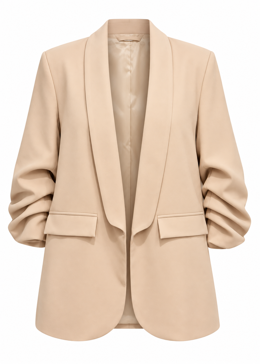 Back view of a beige blazer with a longline cut and softly gathered sleeves