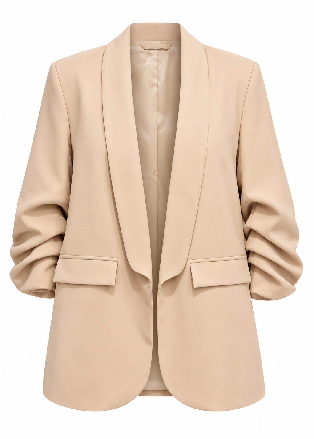 Back view of a beige blazer with a longline cut and softly gathered sleeves