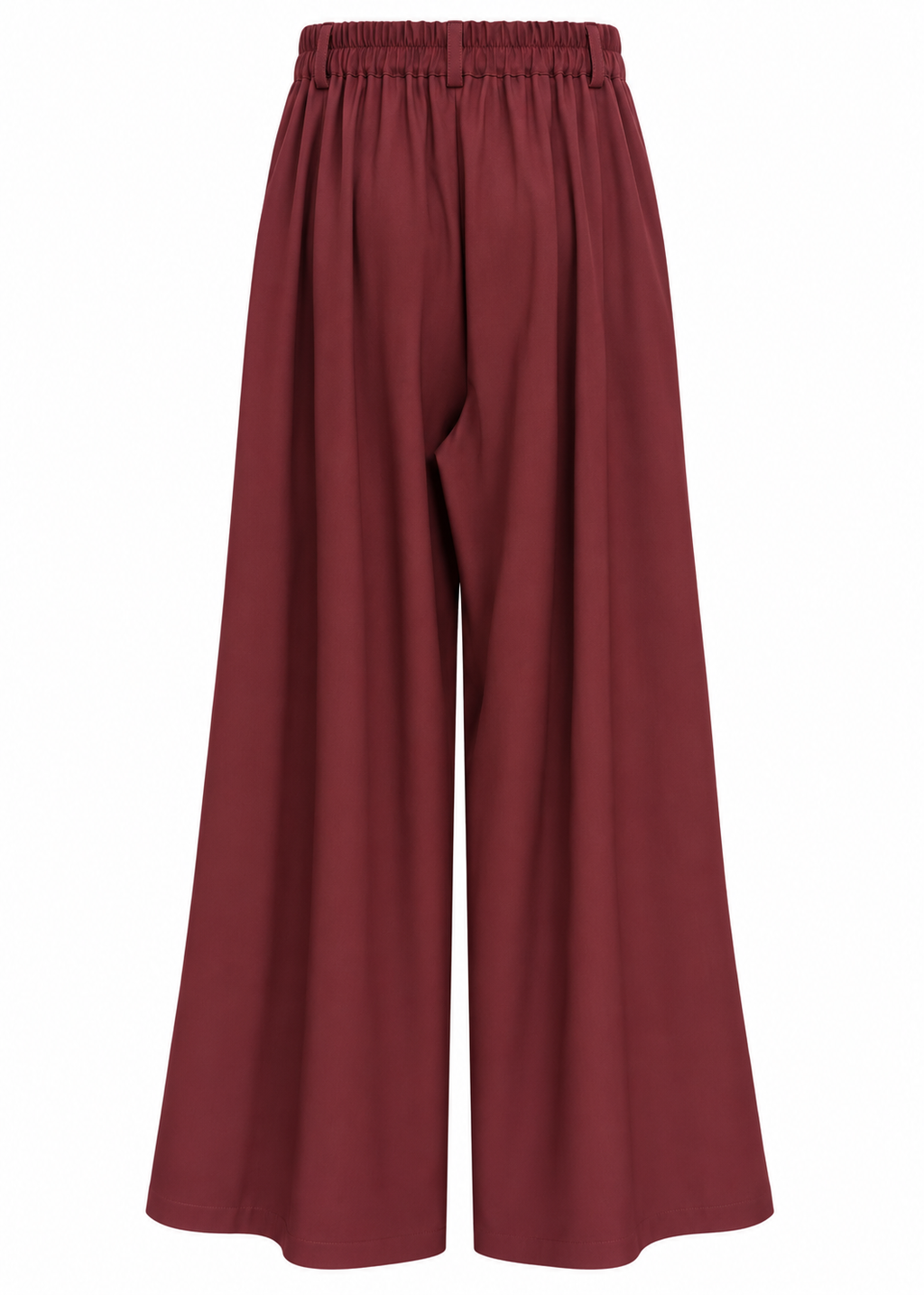 Front view of burgundy pleated wide-leg trousers with deep front pleats
