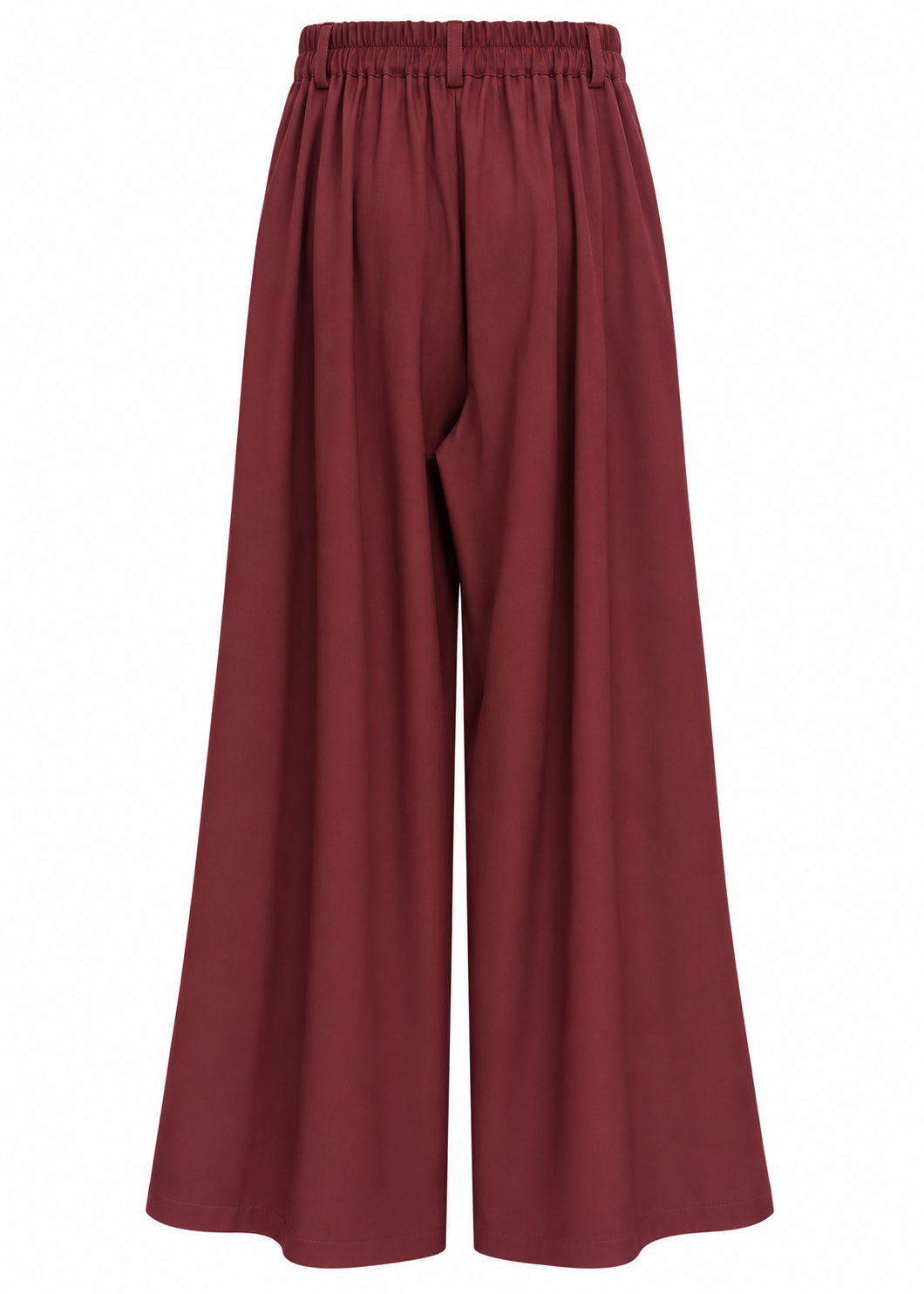 Front view of burgundy pleated wide-leg trousers with deep front pleats