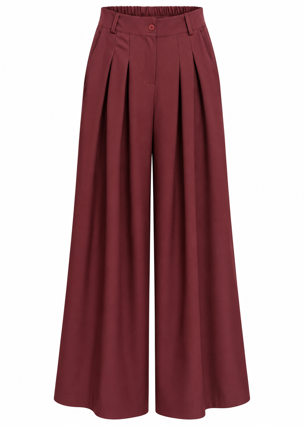 Back view of burgundy wide-leg trousers with an elasticated waistband