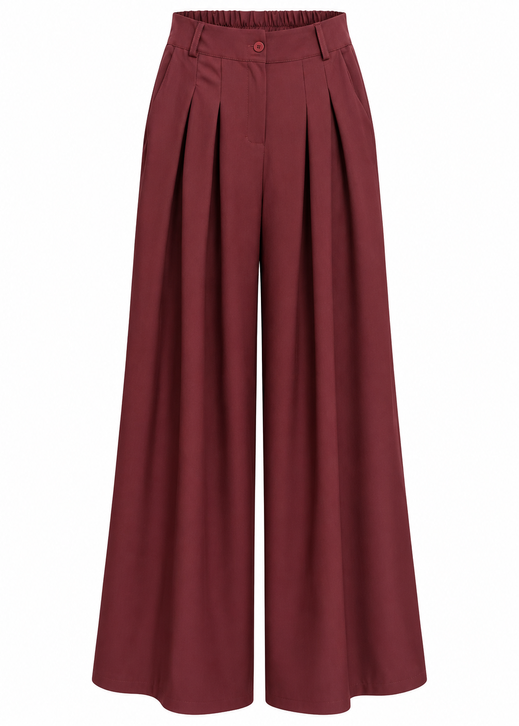 Back view of burgundy wide-leg trousers with an elasticated waistband