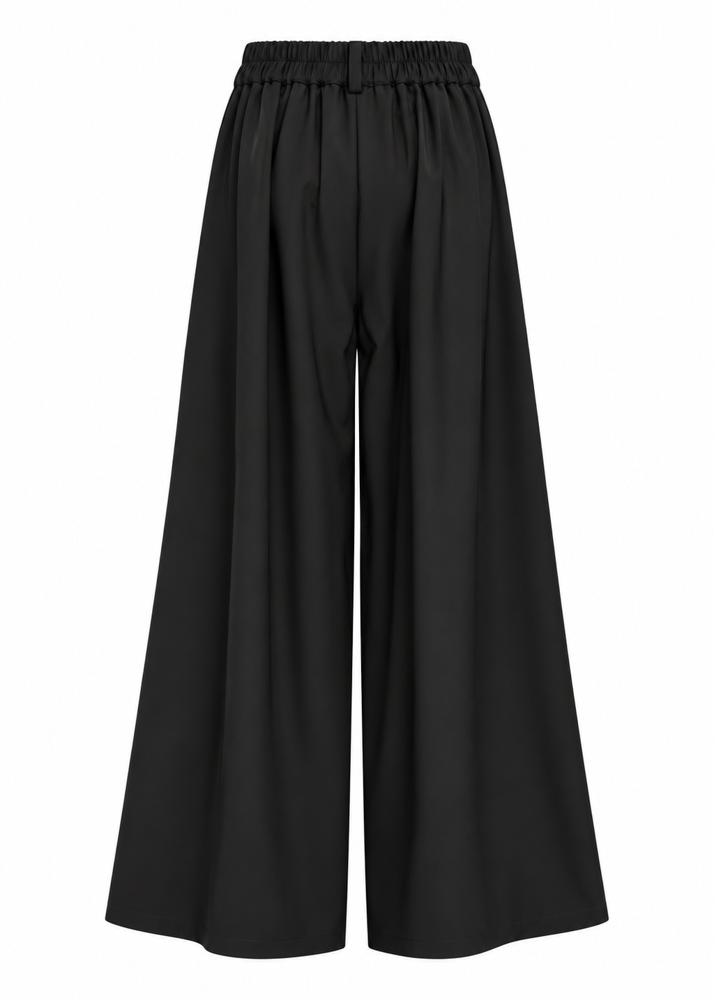 Back view of black wide-leg trousers showing the gathered elasticated waistband
