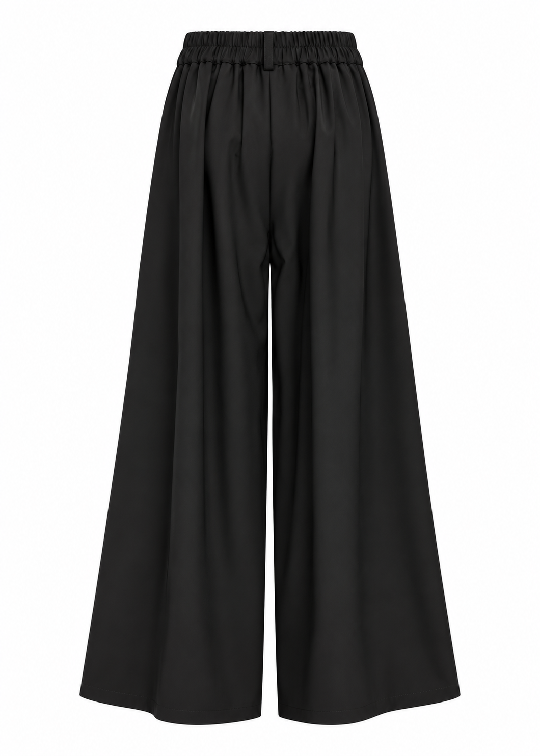 Back view of black wide-leg trousers showing the gathered elasticated waistband