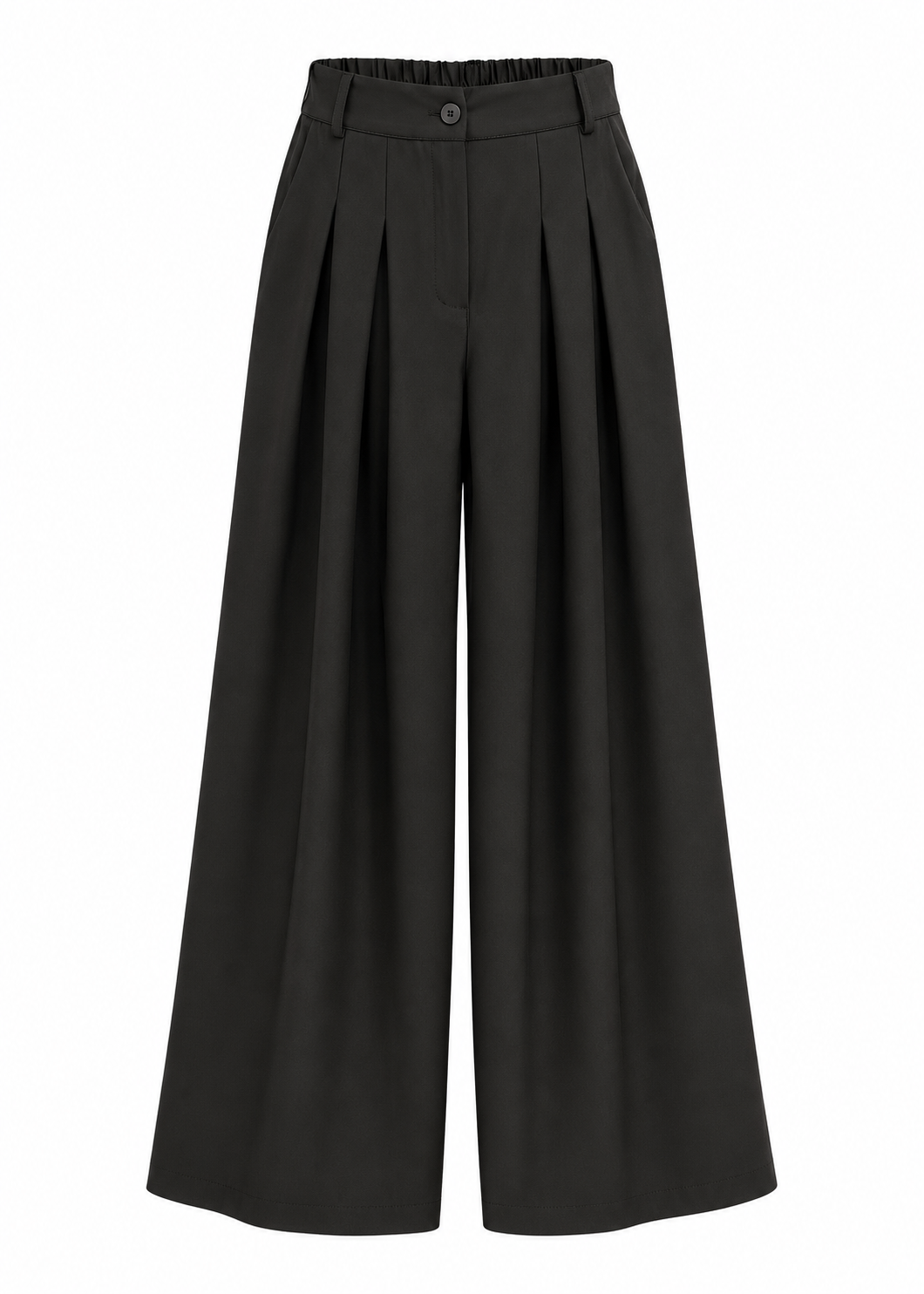 Model wearing black high-waisted wide-leg trousers with front pleats and a fluid, floor-length silhouette
