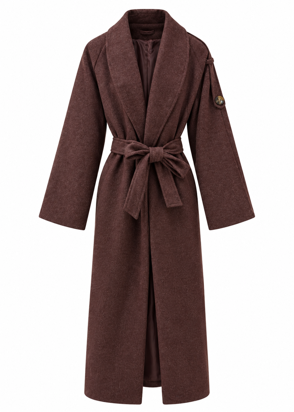 Chocolate brown longline coat with shawl collar and matching tie belt, front view