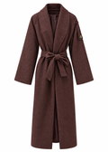 Chocolate brown longline coat with shawl collar and matching tie belt, front view