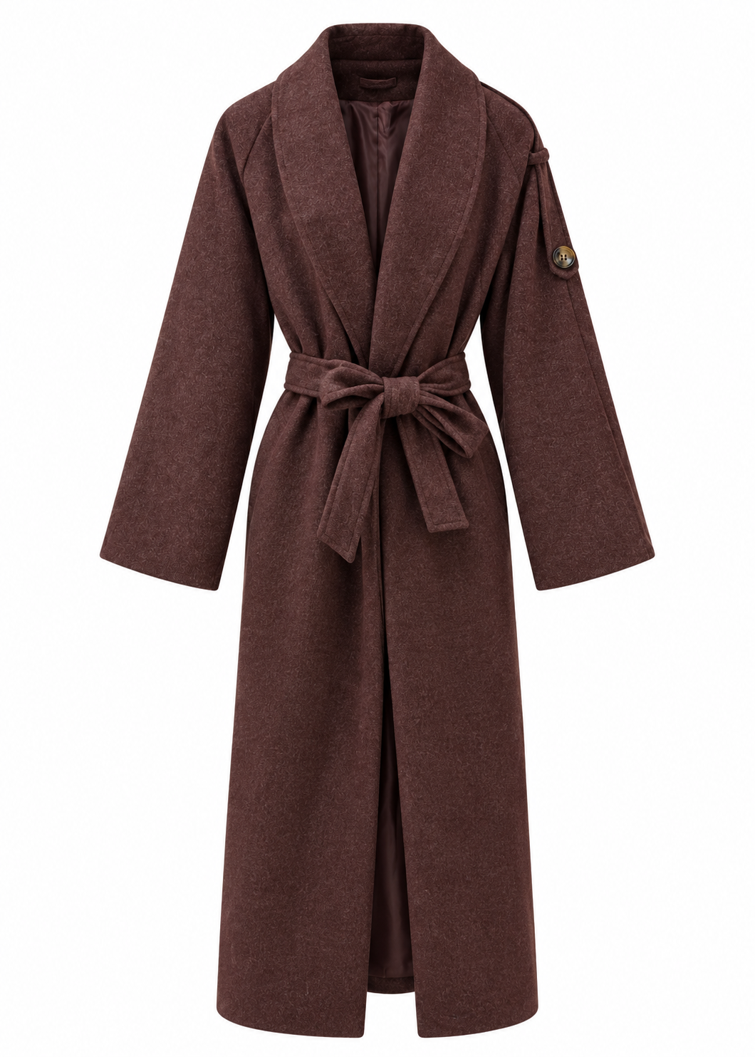 Chocolate brown longline coat with shawl collar and matching tie belt, front view