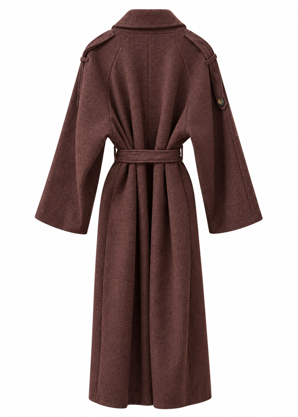 Back view of chocolate brown belted coat with wide sleeves and shoulder tabs