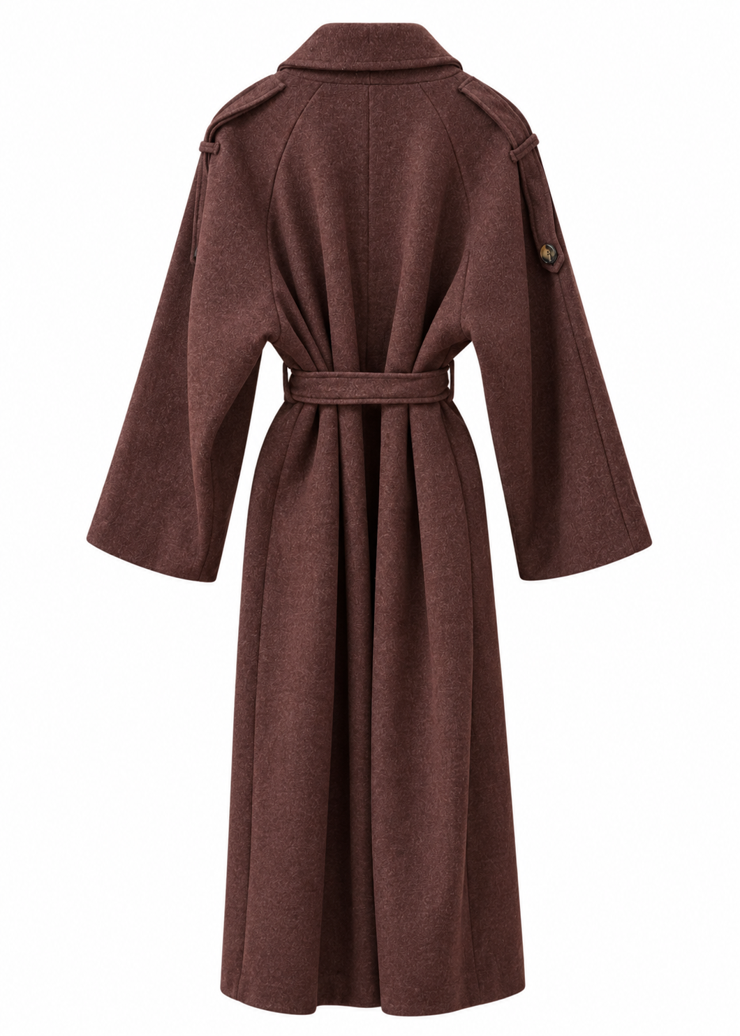 Back view of chocolate brown belted coat with wide sleeves and shoulder tabs
