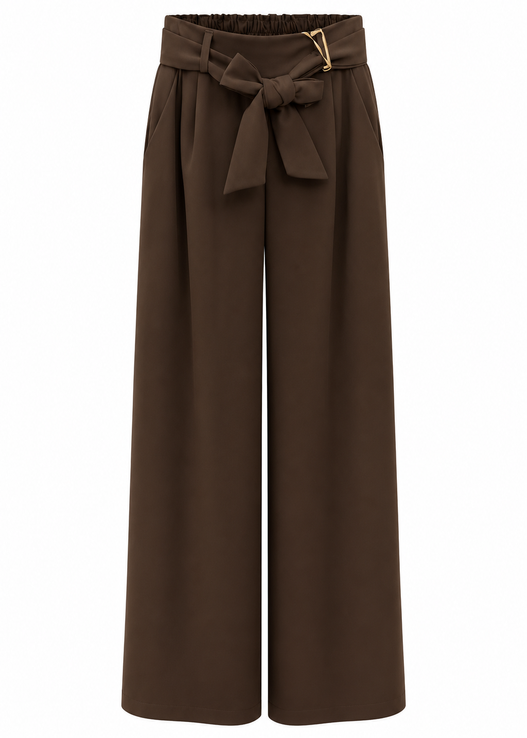 Front view of chocolate brown wide-leg trousers with matching bow tie belt and gathered high waist