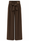 Front view of chocolate brown wide-leg trousers with matching bow tie belt and gathered high waist