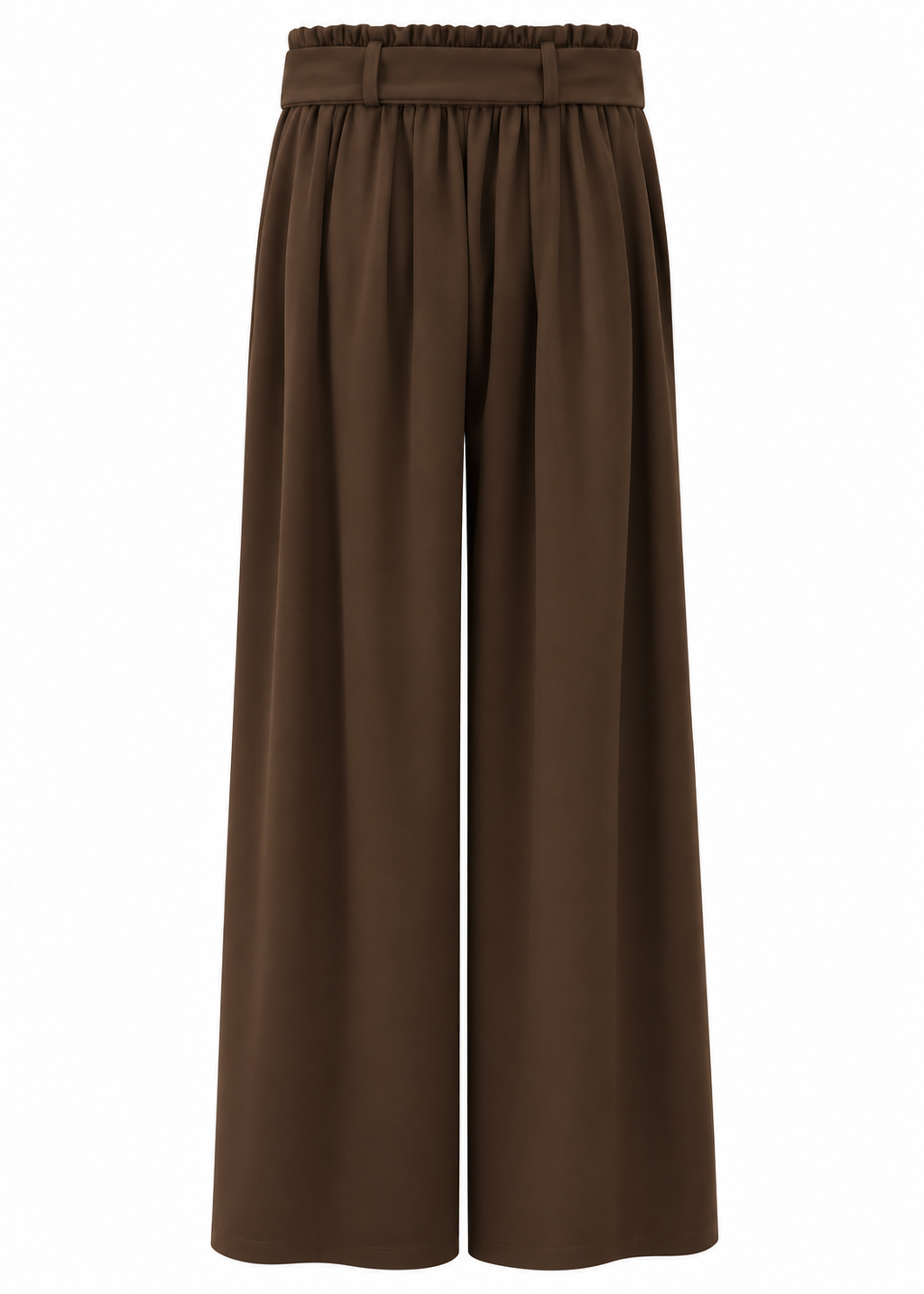 Back view of chocolate brown wide-leg trousers showing gathered waistband and belt loops