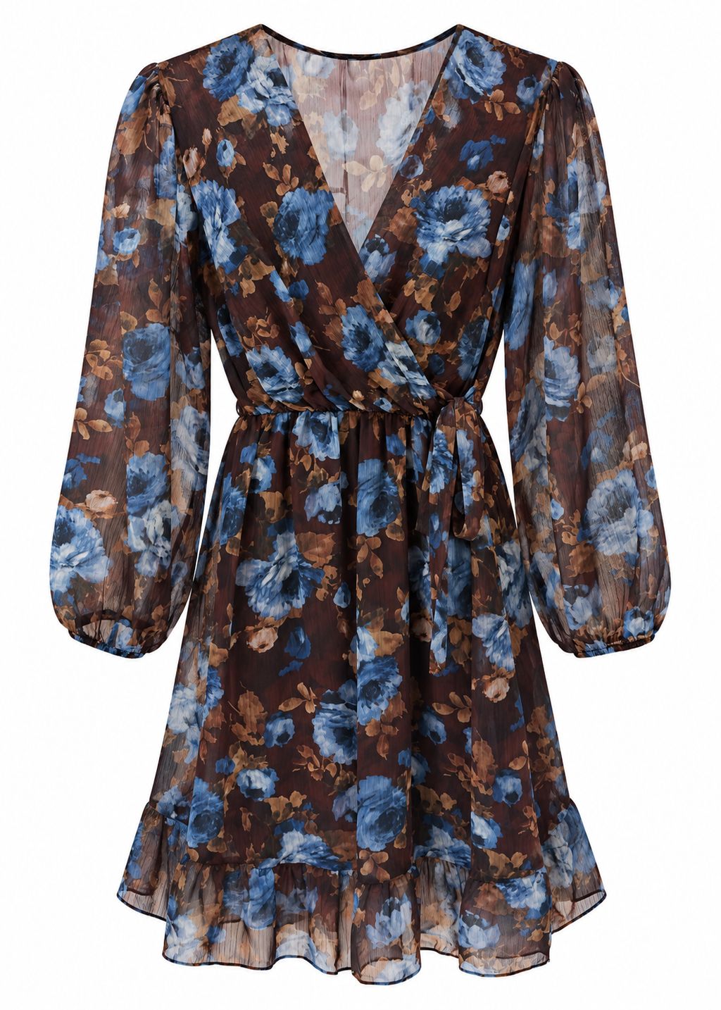 Front view of chocolate brown mini dress with blue floral print, wrap-style V-neck, tie waist and ruffled hem
