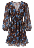 Front view of chocolate brown mini dress with blue floral print, wrap-style V-neck, tie waist and ruffled hem