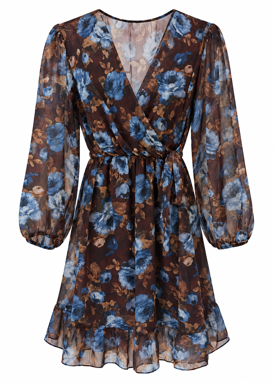 Front view of chocolate brown mini dress with blue floral print, wrap-style V-neck, tie waist and ruffled hem