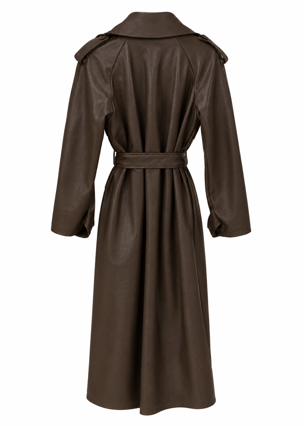 Back view of chocolate brown longline trench coat with waist belt and shoulder epaulettes