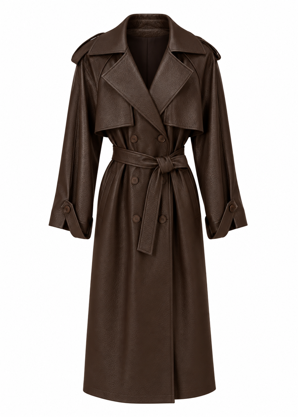 Chocolate brown double-breasted trench coat with matching tie belt, front view