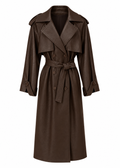 Chocolate brown double-breasted trench coat with matching tie belt, front view