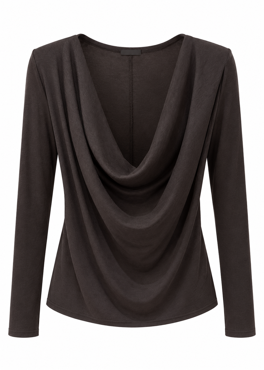 Dark charcoal long-sleeve top with a deep draped cowl neckline, front view