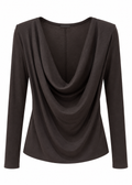 Dark charcoal long-sleeve top with a deep draped cowl neckline, front view