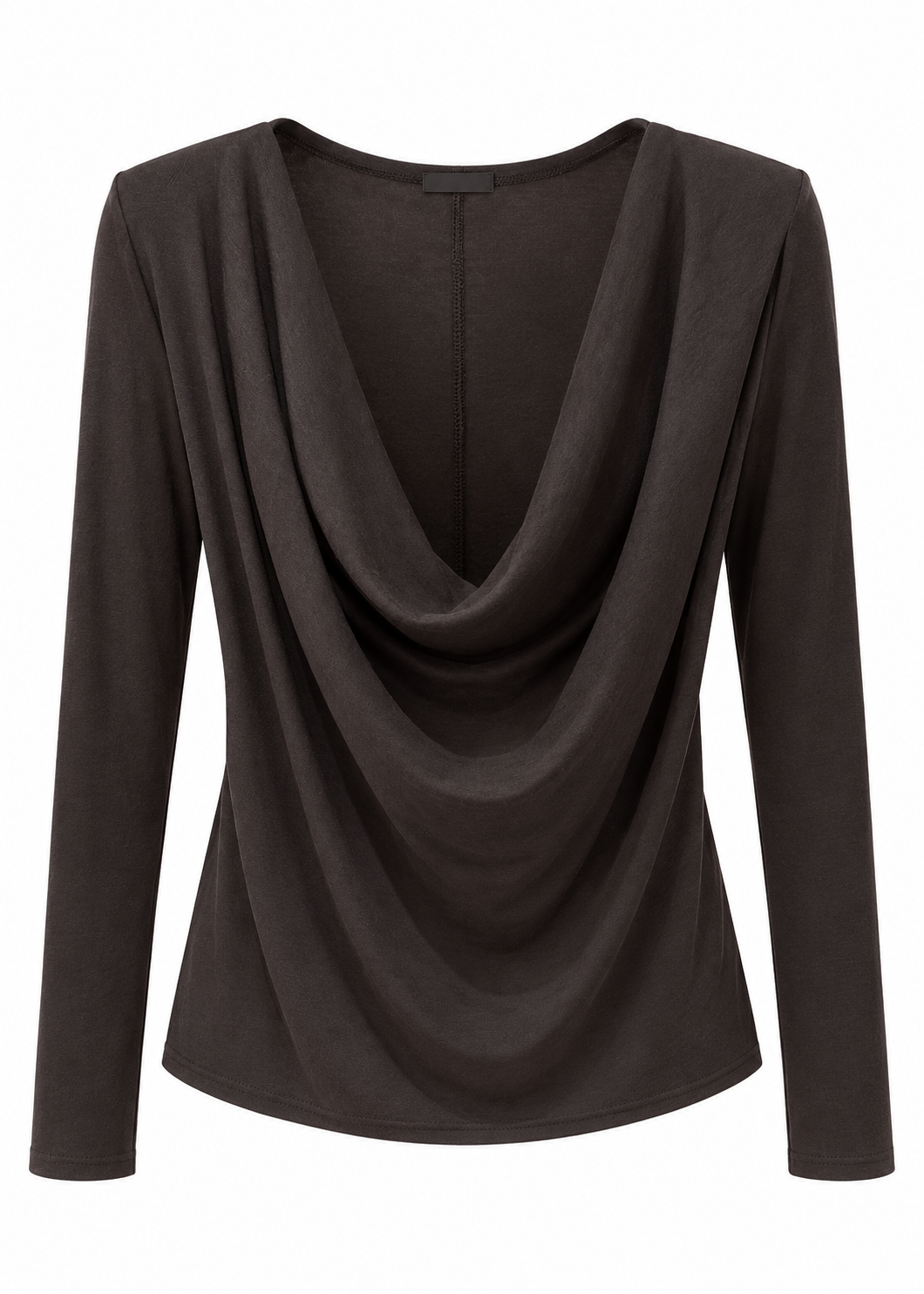 Dark charcoal long-sleeve top with a deep draped cowl neckline, front view