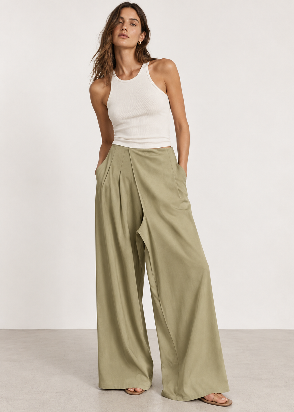 Khaki Draped Wide-Leg Trousers