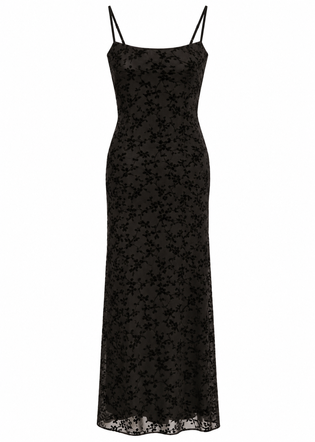 Back view of black floral maxi slip dress showing slender straps and a delicate tie-back detail