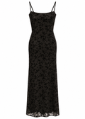 Back view of black floral maxi slip dress showing slender straps and a delicate tie-back detail