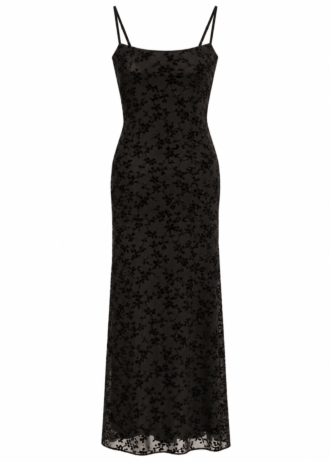 Back view of black floral maxi slip dress showing slender straps and a delicate tie-back detail