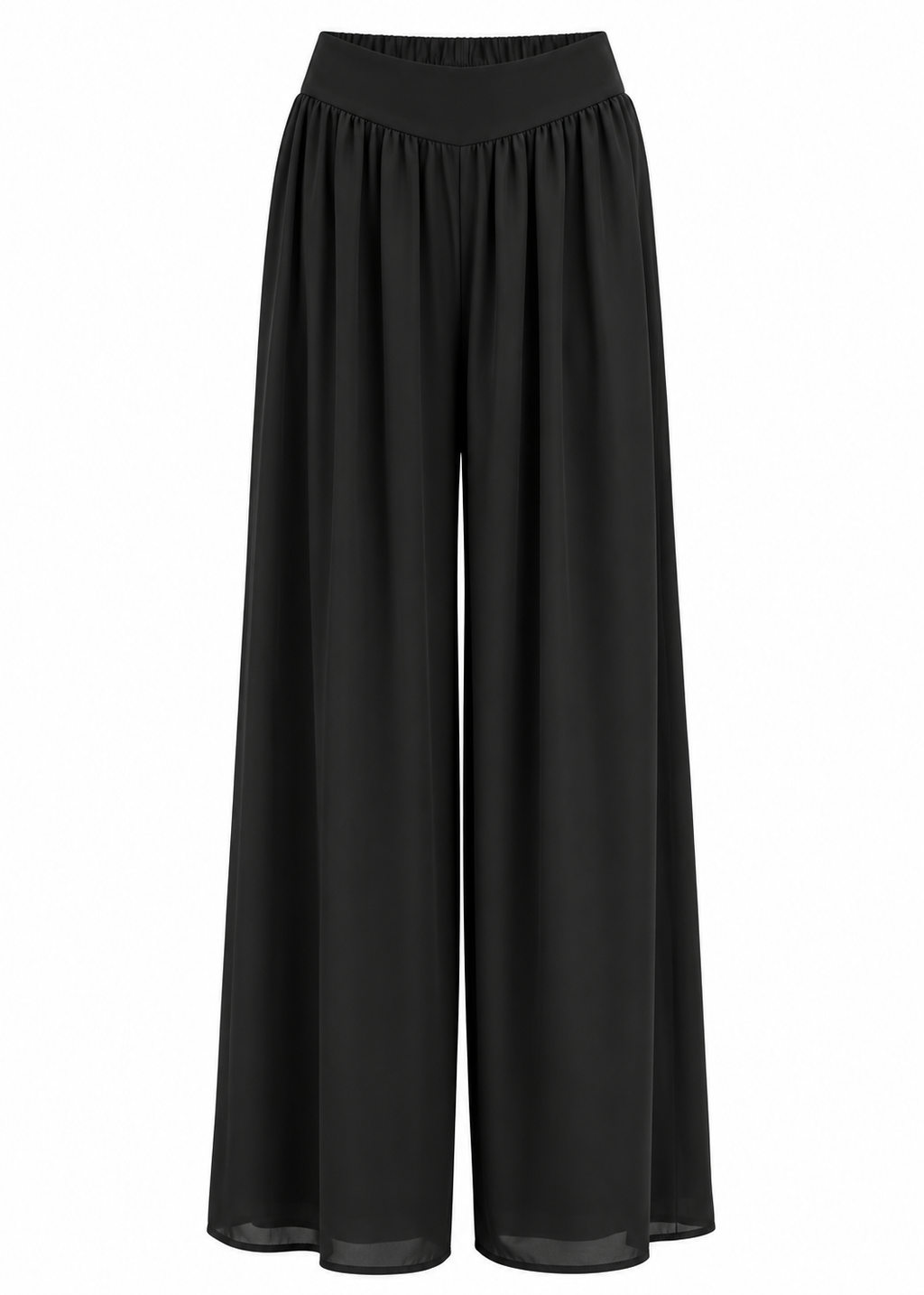 Black wide-leg palazzo trousers with smooth front waistband and fluid gathered legs
